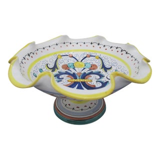 Deruta Italian Colorful Majolica Pottery Scalloped Rim Pedestal Fruit Bowl For Sale