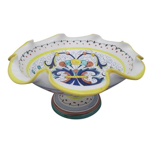 Deruta Italian Colorful Majolica Pottery Scalloped Rim Pedestal Fruit Bowl For Sale