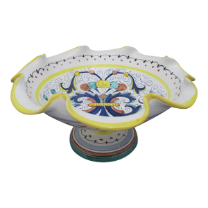 Deruta Italian Colorful Majolica Pottery Scalloped Rim Pedestal Fruit Bowl