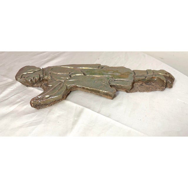 Big Antique Handmade Figural Green Iridescent Glaze Man Pottery Wall Tile Art For Sale - Image 9 of 11