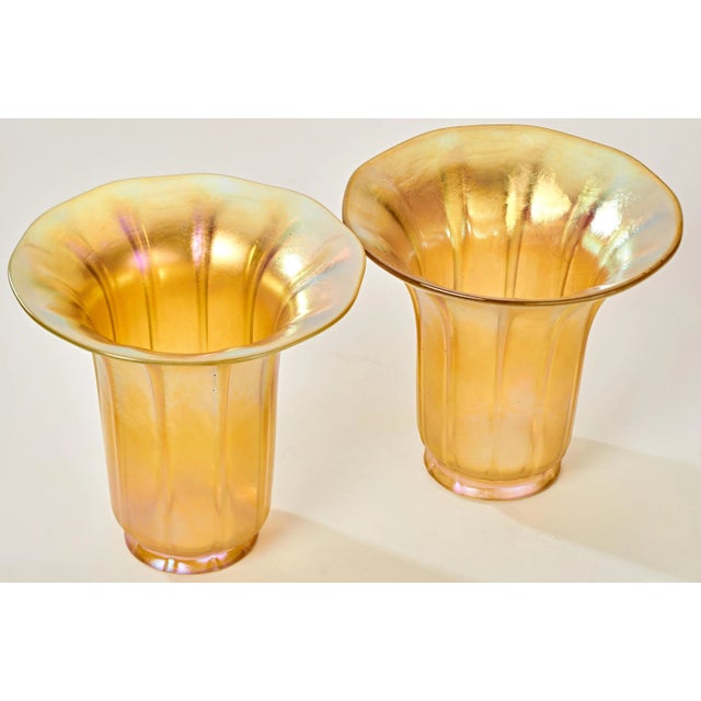 Art Nouveau Pair of Mid 20th Century Tiffany Style Fluted Trumpet Art Glass Lamp Shades For Sale - Image 3 of 7