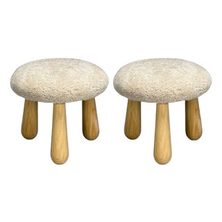 Danish Modern Style, Sheepskin Stools, Beige Shearling, Maple, Usa, 21st C. For Sale