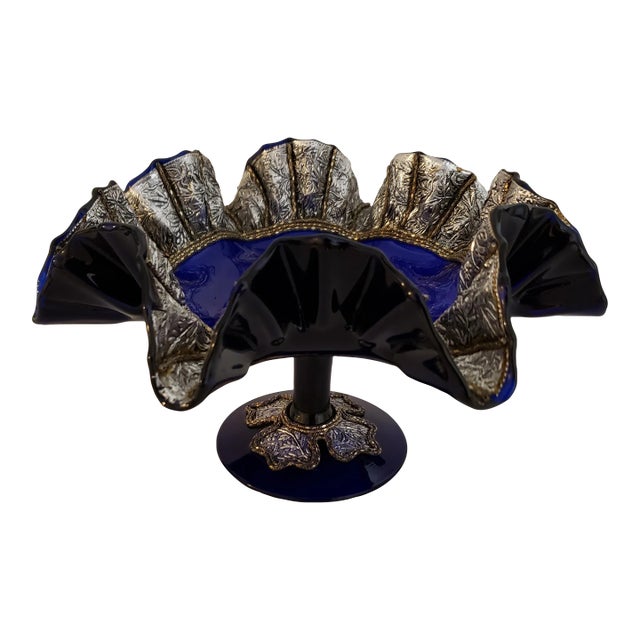 Vintage Morocan Cobalt Blue Glass Pedestal Compote For Sale