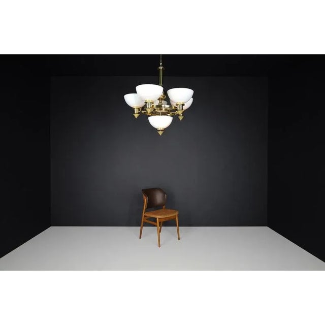 Sculptural Italian Chandelier in Brass & White Opaline Glass, 1970s For Sale - Image 11 of 18