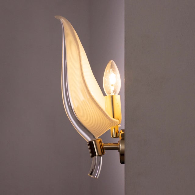 1990s Wall Lamps in White Murano Glass, Blown Glass with Golden Decorations, Italy, 1990s, Set of 2 For Sale - Image 5 of 13