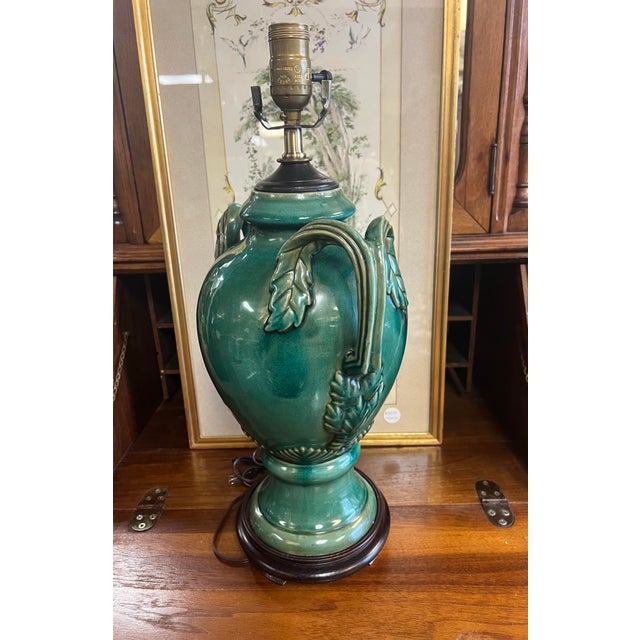 Ceramic Vintage Turquoise-Green Glazed Ceramic Urn-Style Lamp For Sale - Image 7 of 8