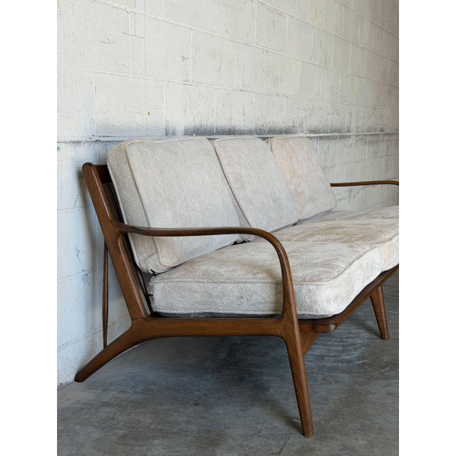 Wood Teak 3-Seater Sofa With Spindle Back and Fabric Cushions Danish Mid-Century Modern 1960s For Sale - Image 7 of 12