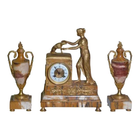 19th Century French Empire Japy Freres Lady and Dog Gilt Bronze Marble Clock With Garnitures Signed - 3 Pieces Fabulous For Sale
