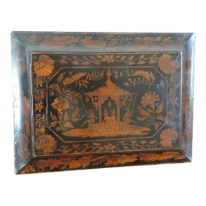Antique 19th Century English Regency Penwork Jewelry Stationery Desk Box in Chinese Lacquer Taste