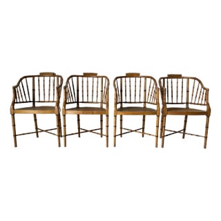 1960’s Hollywood Regency Faux Bamboo Carved Wood and Cane Dining Chairs – Set of 4 For Sale