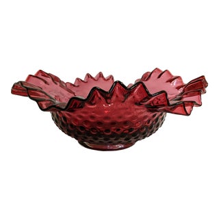 Vintage Fenton-Style Hobnail Ruffled Rim Glass Bowl For Sale