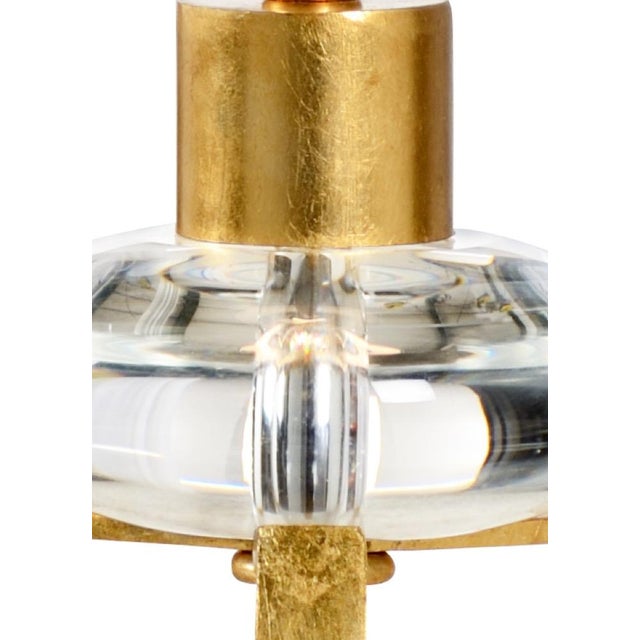 Antique gold leaf on iron, clear crystal 32h x 5.5w x 5.5d Shade Dimensions: top(9) bottom(9) side(10)