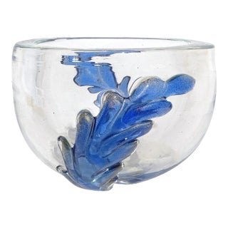 Murano Seguso Vintage Transparent Blue Gold Flecks Italian Art Glass Applied Feathers Bowl For Sale