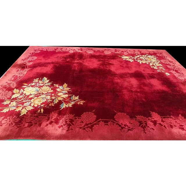 Art Deco 1920s Red Wine Open Field Daisies Floral Antique Chinese Art Deco Rug For Sale - Image 3 of 12