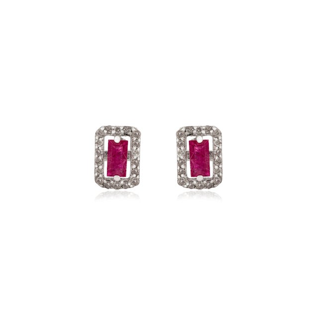 Art Deco Sterling Silver Baguette-Cut Ruby Studs With Diamond-Style Halo- A Pair For Sale - Image 3 of 11