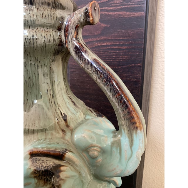 Ceramic Glazed Vase With Elephant Trunks as Handles and Writing on the Bottom of Turquois Color Vessel For Sale - Image 10 of 12