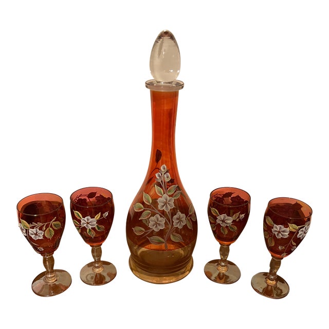 Enameled Italian Wine Beverage Set Features Applied Flowers - Set of 5 For Sale