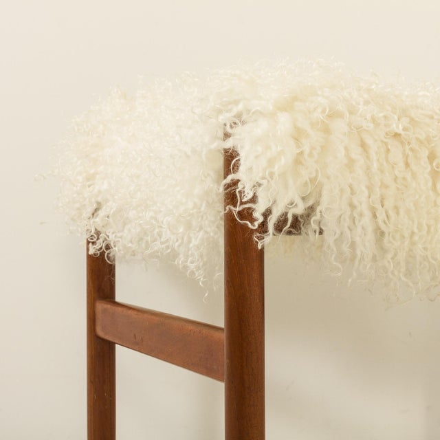 Mid-Century Danish Teak Ottoman in Long Hair Sheepskin, 1960s For Sale - Image 9 of 11