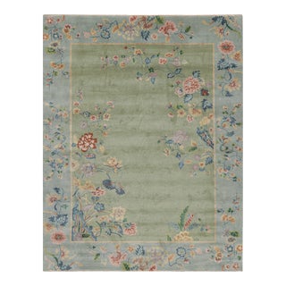 Rug & Kilim’s Chinese Art Deco Style Floral Rug in Green and Blue For Sale