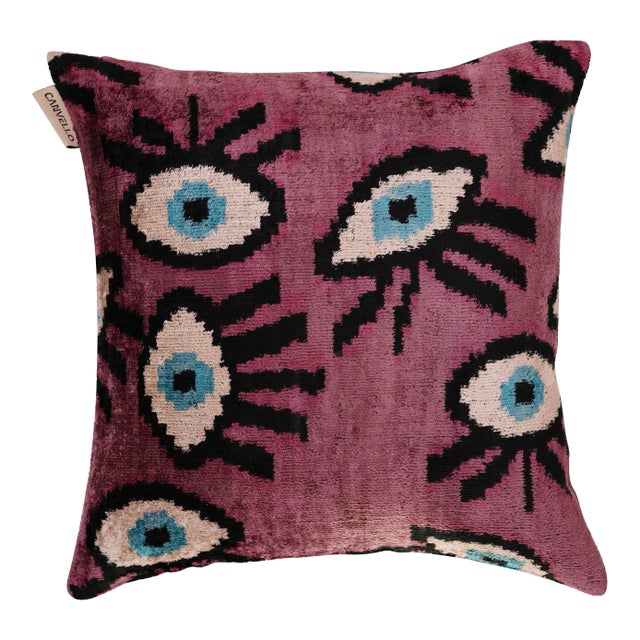 Contemporary Handmade Velvet Evil Eye Good Luck Throw Pillow & Down Feather Insert For Sale