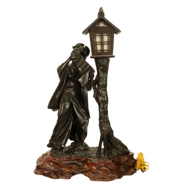 Bronze Antique Japanese Meiji Period Cast Bronze Geisha Statue Figure Lamp Signed 1890 For Sale - Image 8 of 16