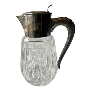 Mid 20th Century Silver Plate Handle Holding Top Cut Glass Bulbous Serving Water Pitcher Ewer Jug For Sale