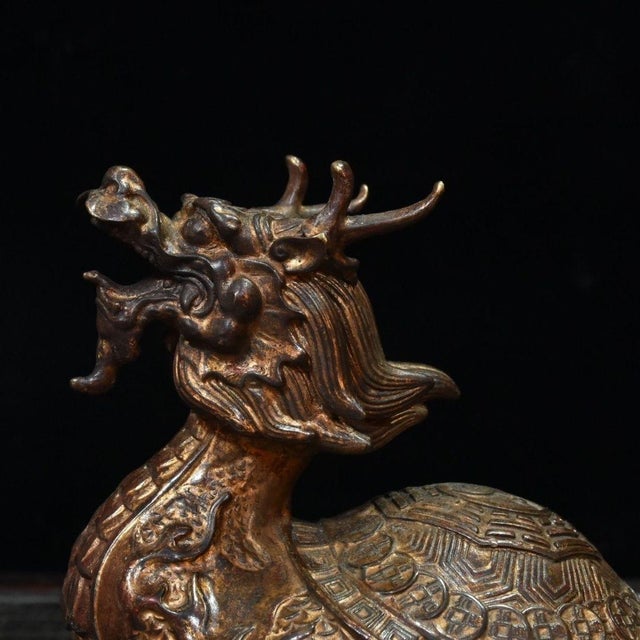 Late 19th Century Gilt Bronze Dragon Turtle Statue With Bagua Shell, 1.4kg For Sale - Image 4 of 9