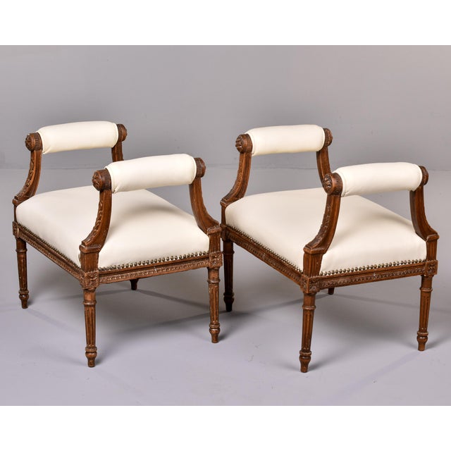 1900 - 1909 Pair Louis XVI Style Benches With High Upholstered Arms and New Leather For Sale - Image 5 of 12