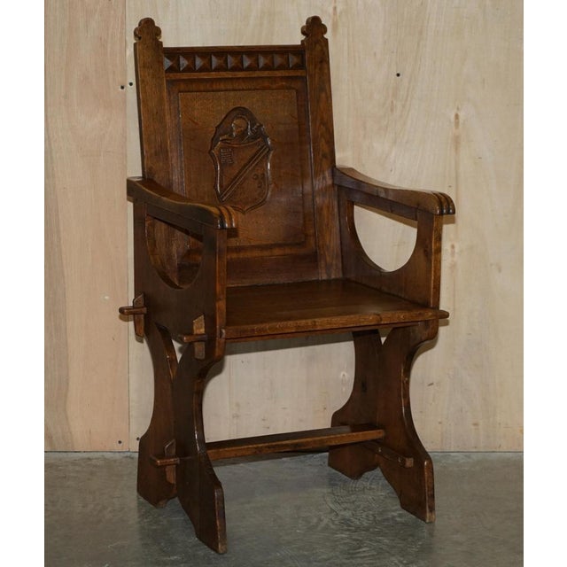 Set of Antique English Carved Oak Armchairs with Armorial Crest Coat of Arms, 1860 For Sale - Image 3 of 18