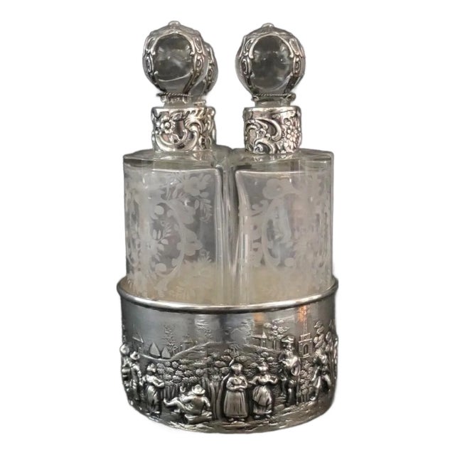 19th Century Sterling/Crystal Cologne Bottles in Holder - Set of 3 For Sale