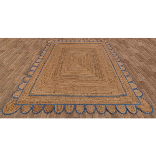 French Blue Trim Jute Scallop Braided Handmade Rug - 5'x8' For Sale - Image 4 of 10