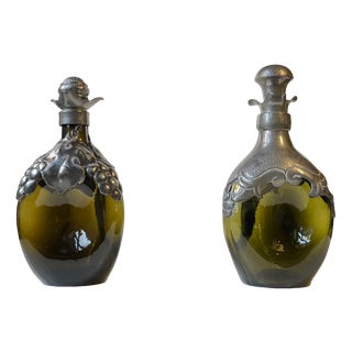 Danish Decanters in Green Glass and Pewter, 1910s, Set of 2 For Sale
