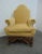 Baker lounge chair , William & Mary style , carved walnut base , yellow quotes fabric