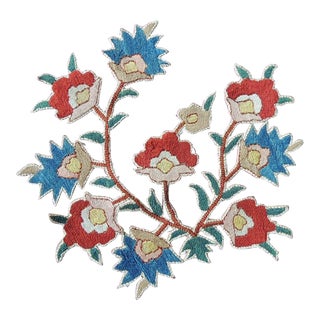 Antique Embroidered Floral Red and Blue Applique Textile #3 For Sale