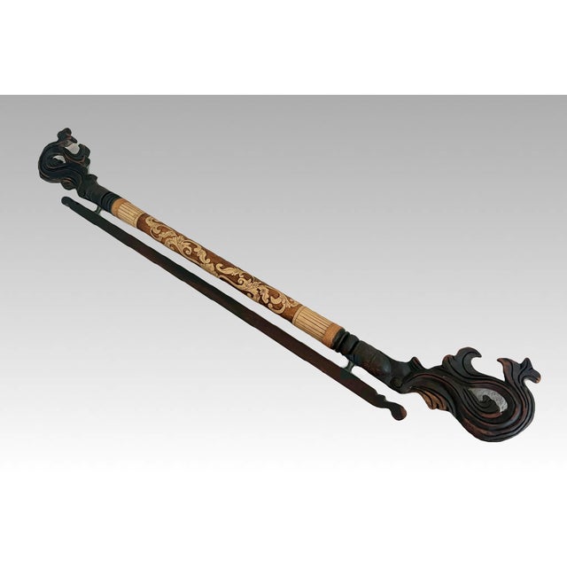 Ebony Vintage Balinese Carved Fruitwood and Bamboo Fabric / Tapestry Wall Hanger, Indonesia For Sale - Image 8 of 9