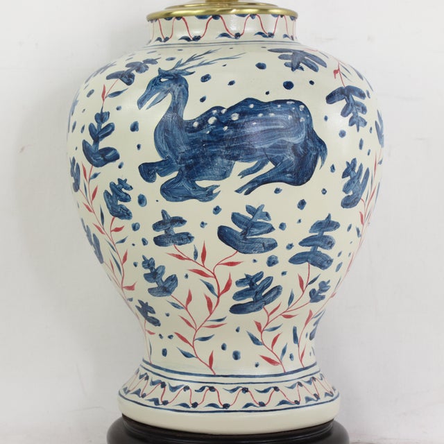 Early 21st Century Vintage Brunschwig & Fils Cadiz Table Lamps - Blue and Cream Ceramic With Boar and Deer Motif For Sale - Image 5 of 14