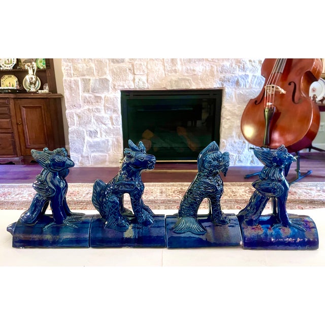 Vintage Cobalt Blue Chinese Ceramic Roof Tile Figurines - Set of 4 For Sale - Image 4 of 18