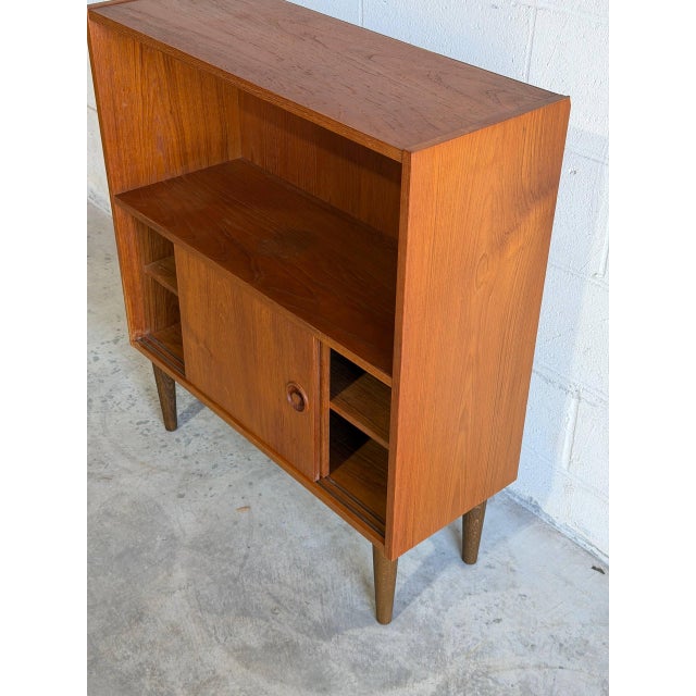 Vintage Danish Modern Teak Bookcase Cabinet Sliding Doors Mid Century Scandinavian Shelf For Sale - Image 4 of 9