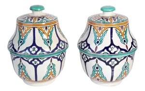 Moorish Ceramic Glazed Covered Jars Handcrafted in Fez Morocco - a Pair