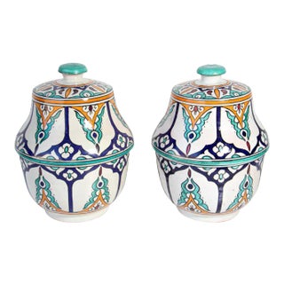 Moroccan Ceramic Glazed Covered Jars Handcrafted in Fez Morocco - A Pair For Sale