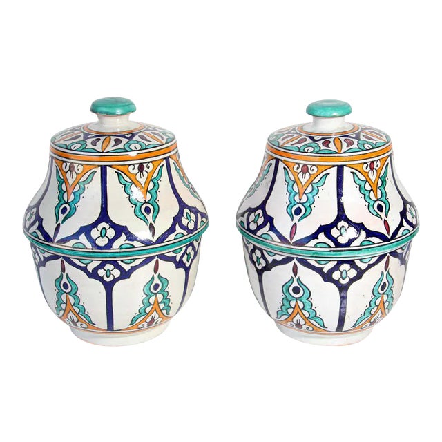 Moroccan Ceramic Glazed Covered Jars Handcrafted in Fez Morocco - A Pair For Sale