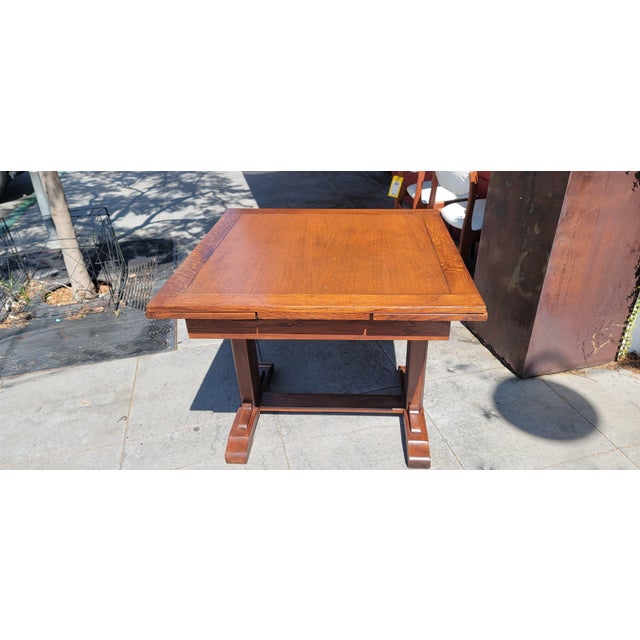 Chestnut 1920s Art Deco Oak Draw Leaf Dining Table From England 5 Feet Open For Sale - Image 8 of 8