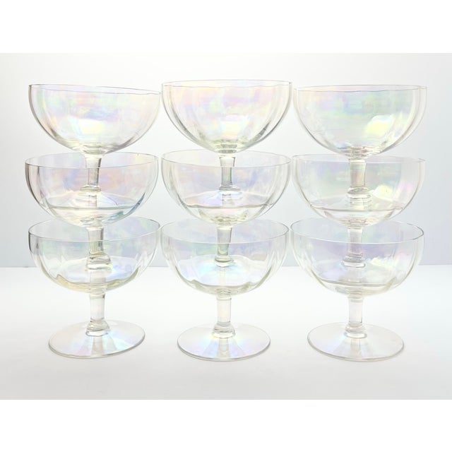 1970s Vintage 9 Lustre Iridescent Rainbow Pearl Optic Coupe Footed Dessert Bowls No chips, cracks, or fleabites. Height 4...