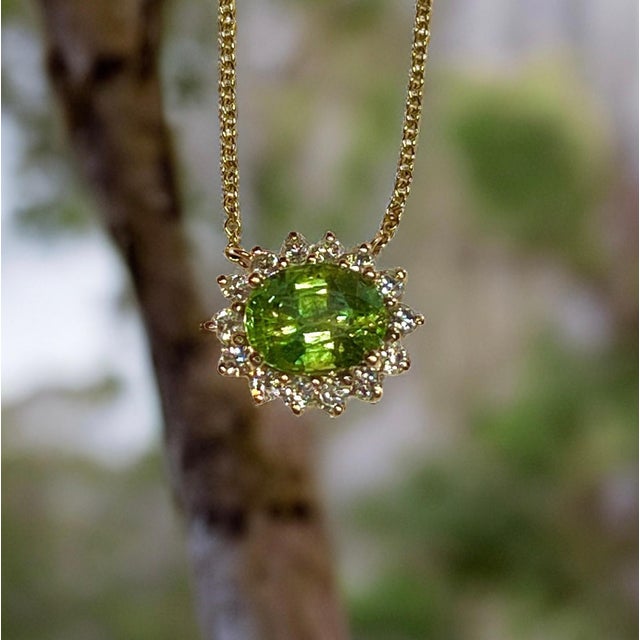 Italian Natural Sapphire Diamond Halo Pendant With Chain 18" 14k YG 3.14 TCW Certified For Sale - Image 3 of 13