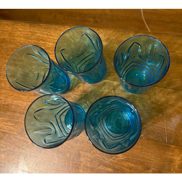 Mid-Century Modern Period Mid 20th Century Anchor Honking Mid Century modern Colonial Tulip Laser Blue Glasses - Set of 5 For Sale - Image 3 of 10