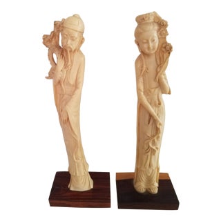 Vintage Asian Cast Resin Male & Female Figural Sculptures - a Pair For Sale