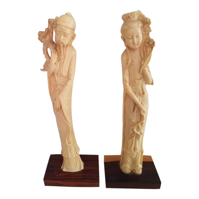 Vintage Asian Cast Resin Male & Female Figural Sculptures - a Pair For Sale