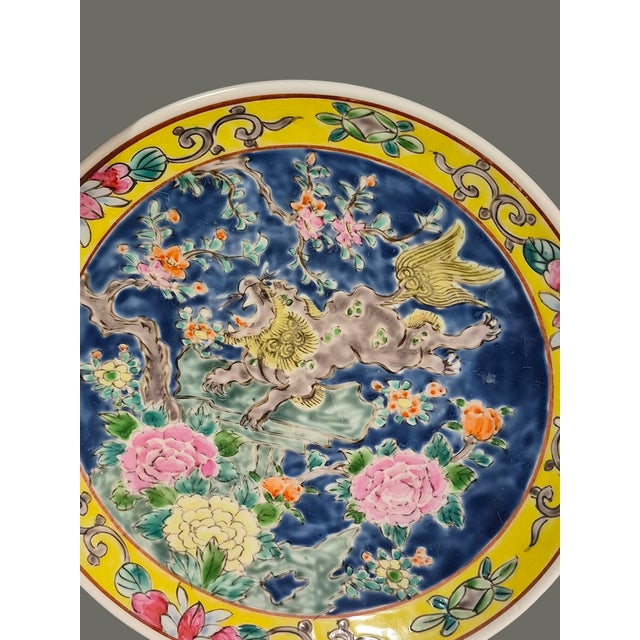 Ceramic Antique Asian Meiji Japanese Foo-Dog Lion Colorful Floral Decorative 10'' Plate For Sale - Image 7 of 12