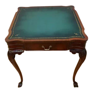 Vintage Chippendale Style Carved Mahogany Single Drawer Leather Top Game Table