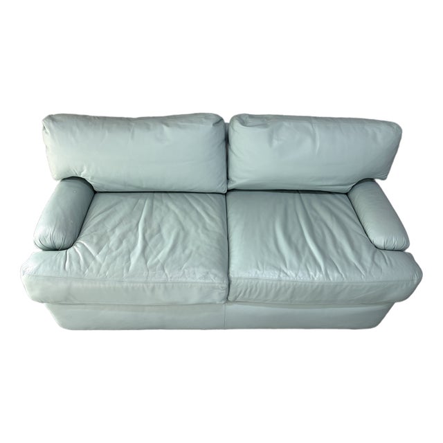 Postmodern Teal Leather Loveseat by Directional Furniture. Circa 1980s. For Sale